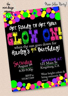 a birthday party flyer with colorful confetti on black paper and white writing that reads get ready to get your glow on when the sun goes down for han