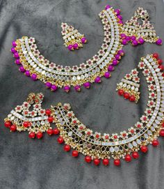 A stunning complete mirror work set! Including necklace, pair of earrings, & tikka. A perfect accent to any gorgeous outfit! Looking for more?  Visit our etsy shop page for further listings/or our instagram @Shingarbyritu Mirror Work Necklace, Work Necklaces, Pink Mirror, Wedding Jewellery Necklace, Mirror Work, Fuchsia Pink, Wedding Necklace, Necklace Earrings, Wedding Jewelry