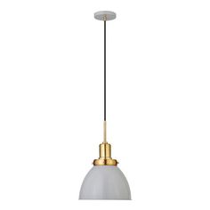 a white and gold pendant light with a black cord hanging from the ceiling, on a white background