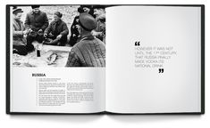 an open book with black and white photos on the pages, showing people sitting around