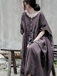 Gray Solid Color Ramie Cotton Long Dress FREE SIZE Gray Solid Color, Linen Dress Summer, Causal Dresses, Cotton Long Dress, Summer Linen Dresses, Tunic Pattern, Cotton Dress Summer, Dyed Linen, Linen Maxi Dress