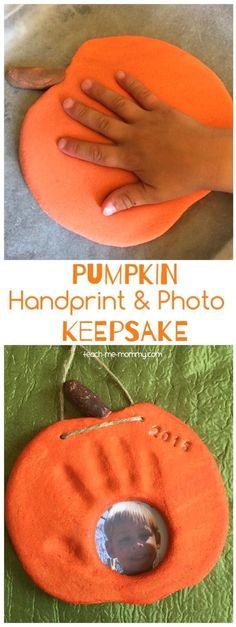 pumpkin handprint photo salt dough craft keepsake Pumpkin Handprint, Salt Dough Crafts, Handprint Keepsake, Photo Halloween, Skirt Diy, Carte Halloween, Fall Crafts For Kids, Halloween Crafts For Kids