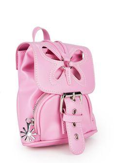 cuz you should. This mini backpack has a vegan leather construction, a cut out butterfly design on the flap, an adjustable drawstring closure, a front buckle closure, O-ring hardware, a front zipper pocket, a top handle, and adjustable straps. Pink Student Bag For Spring, Pink Backpack For Students In Spring, Spring Pink Bags For Students, Pink Bags For Spring, Pink Student Backpack For Spring, Spring Pink Student Bags, Cute Pink Backpack For Spring, Dolls Kill Outfits, Butterfly Backpack