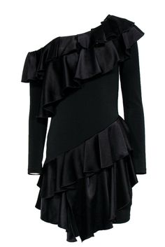 Current Boutique-Alice & Olivia - Black Ruffle One Shoulder Ruffle Dress Sz 6 Fitted Long Sleeve Ruffle Dress For Party, Party Tiered Ruffle Dress, Tiered Ruffle Party Dress, Winter Night Out Dress With Ruffles, Winter Ruffled Dress For Night Out, Winter Ruffle Dresses For Night Out, Winter Ruffle Dress For Night Out, Long Sleeve Mini Dress With Ruffles For Party Season, Flirty Ruffle Hem Evening Dress