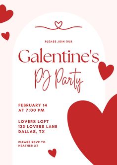 a valentine's party flyer with hearts on the front and back, in red