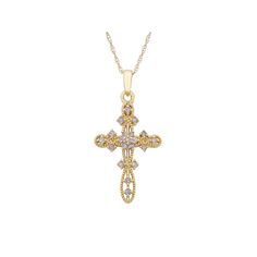 Find your perfect style with this 10k gold 1/10 carat T.W. diamond cross pendant necklace. Click on this JEWELRY & WATCHES GUIDE to learn about fit, styles, materials and more! Find your perfect style with this 10k gold 1/10 carat T.W. diamond cross pendant necklace. Click on this JEWELRY & WATCHES GUIDE to learn about fit, styles, materials and more! FEATURES Chain length: 18 in. Chain type: rope Clasp: spring-ring Nickel free Metal: 10k gold Finish: polished Packaging: boxedDIAMOND DETAILS Tot Anniversary Diamond Cross Pendant Necklace, Anniversary Diamond Pendant Cross Necklace, Fine Jewelry Crucifix With Diamond Accents, Yellow Gold Cross Pendant With Diamond Accents, Yellow Gold Cross Pendant Jewelry With Diamond Accents, Diamond Cross Necklace With Accents For Anniversary, Anniversary Diamond Cross Necklace With Accents, Anniversary Cross Diamond Necklace With Accents, Diamond White Crucifix Jewelry For Anniversary