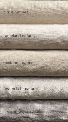 four linens stacked on top of each other in different colors and sizes, with the names