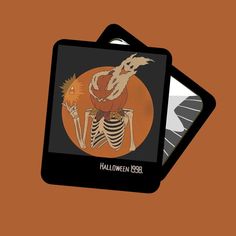 a card with a skeleton on it sitting next to an orange and black background,