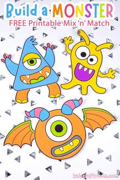 three monster stickers with the text build a monster free printable mix'n match