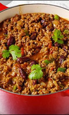 a red pot filled with chili and meat covered in cilantro, parsley