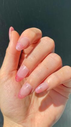 Long Round Nail Designs, Asethic Nails, Lover Inspired Nails, Pink Glitter French Tip Nails, Pink Sparkle Nails, Pink Tip Nails, Minx Nails, Sparkle Nails