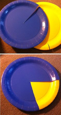 two pictures of blue and yellow paper plates with one showing the same color as the other