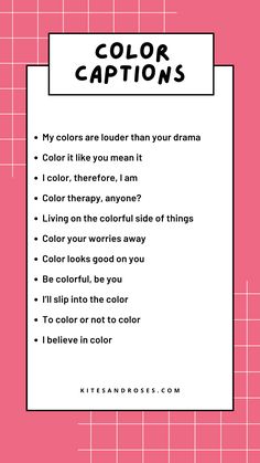 a poster with the words color captions in black and white on pink background,