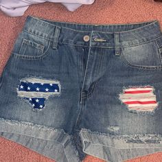 Size Xs, No Stretch, High Rise. Nwot Casual Flag Print Jean Shorts For Spring, Trendy Spring Bottoms With Flag Print, Casual American Flag Print Shorts For Spring, Casual Bottoms For 4th Of July, Casual Jean Shorts With Flag Print, Casual Blue Jean Shorts With American Flag Print, Blue Bottoms With Flag Print For Spring, Spring Blue Bottoms With Flag Print, Casual Blue Shorts For 4th Of July