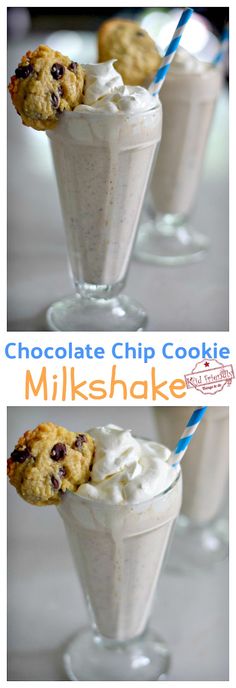 chocolate chip cookie milkshake with whipped cream and cookies in the glass on the side