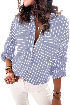 Blue Striped Print Buttoned Shirt Fall Blue Blouse With Roll-up Sleeves, Blue Collared Top With Roll-up Sleeves, Blue Tops With Roll-up Sleeves For Spring, Blue Casual Tops With Roll-up Sleeves, Casual Blue Tops With Roll-up Sleeves, Trendy Striped Tops With Pockets, Blue Blouse With Roll-up Sleeves For Fall, Blue Button-up Tops With Roll-up Sleeves, Light Blue Shirt For Fall Day Out