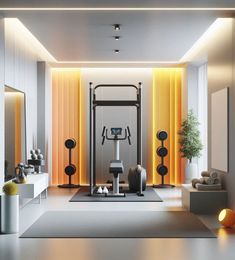 an exercise room with various equipment in the center and yellow curtains on the wall behind it