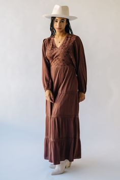 The Angello Embroidered V-Neck Maxi Dress in Brown Piper And Scoot, Elegant Embroidery, Puff Sleeve Blouse, Design Dress, Slim Straight Jeans, Rayon Fabric, Large Bust, Floral Midi Dress, Cardigan Jacket