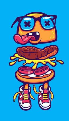 an image of a cartoon character with glasses on his face and hamburger in front of him