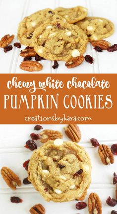 chewy white chocolate pumpkin cookies with pecans and cranberries on the side