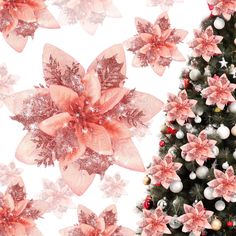 a christmas tree decorated with pink flowers and baubles in front of a white background