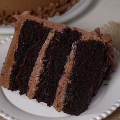 a slice of chocolate cake on a white plate