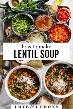 two bowls filled with lentil soup on top of a table next to spoons