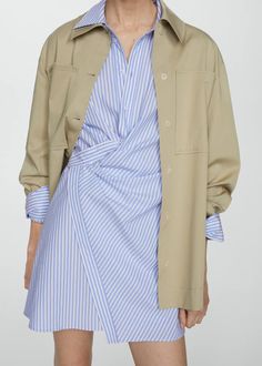 Striped wrap shirt dress - Women | Mango USA Wrap Shirt Dress, Short Design, Wrap Shirt, Striped Shirt Dress, Tailored Dress, Designer Shorts, Stripe Print, Striped Shirt, Work Outfit