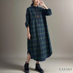 Lasaky - Stylish Retro Cotton Linen Dress with Delicate Plaid Pattern, Button Closure, and Long Sleeves Vintage Linen Dress, Green Grid, Hemp Dress, Long Sleeve Cotton Dress, Long Linen Dress, Long Red Dress, Cotton Linen Dresses, Long Sleeve Casual Dress, Vintage Linen