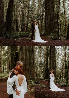 the bride and groom are posing in the woods for their wedding photos at this point