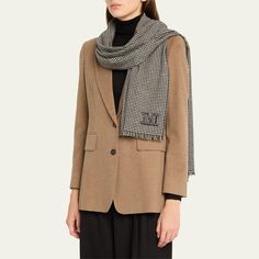 Max Mara houndstooth stole in cashmere Embroidered monogram accent  Fringe trim  May be styled in multiple ways  Made in Italy Classic Business Scarves For Fall, Classic Fall Business Scarves, Luxury Scarves For Workwear, Luxury Scarves For Work, Embroidered Monogram, Fringe Trim, Cashmere Scarf, Bergdorf Goodman, Max Mara