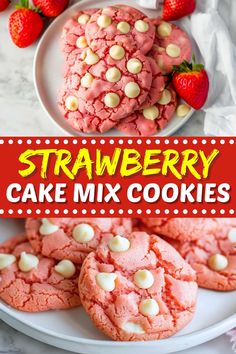 strawberry cake mix cookies on a plate with strawberries in the background and text overlay