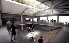 an artist's rendering of the interior of a building with people sitting and standing around