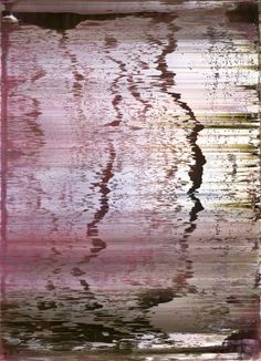 an abstract painting with pink and green colors on the water's surface is shown