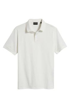 Classic and comfortable, this jersey polo made from soft cotton is always a great choice for everyday and keeps you looking as good as you feel. Button half placket Spread collar Short sleeves 100% cotton Dry clean Imported White Cotton Polo Shirt With Ribbed Collar, White Polo Shirt With Johnny Collar, White Johnny Collar Polo Shirt With Placket, White Johnny Collar Polo Shirt, White Cotton Collared Polo Shirt, White Polo Shirt With Button Closure, White Collared Polo Shirt With Button Closure, Cotton Golf Tops With Collared Neckline, Classic Cotton Polo Shirt For Golf