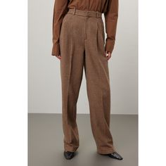 Brown plaid knit (43% Cotton, 40% Wool, 14% Nylon, 3% Other Fiiber). Lining (100% Viscose). Pants. Front zipper closure. 32" inseam. 12.5" rise. 24.5" leg opening. Imported. Fall Business Casual Wide Leg Pants, Casual Wide Leg Pants For Fall Business, Wool Bottoms For Business Casual In Fall, Fall Business Casual Wool Bottoms, Fall Bottoms With Welt Pockets, Fall Business Wide Leg Pants With Pockets, Tailored Full Length Wide Leg Fall Pants, Business Pants For Fall, Classic Houndstooth Pattern Bottoms