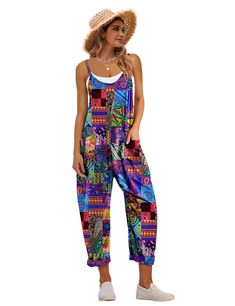 PRICES MAY VARY. Casual jumpsuits are summer essentials for women. Made of cotton, these sleeveless overalls are soft, comfy and airy for hot summer and humid days. You will love these easy but printed bohemian rompers to throw on, on those lazy days. Vivid flowers or fun geometric patterns spice up your wardrobe with a blaze of colors. Experience the perfect blend of cozy and fashion with our baggy loose fit harem jumpers. The unique style of the drop crotch are so classic and chic. The shape a Vivid Flowers, Bohemian Rompers, Casual Lounge Wear, Flowy Jumpsuit, Jumpsuit Fitted, Trendy Jumpsuit, Teacher Clothes, Lazy Days, Floral Jumpsuit