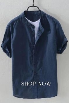 Men's Loose Cotton Linen Pocket Solid Color Vintage Shirt Top Casual V-neck Shirt For Beach Season, Summer Cotton V-neck Shirt, Summer Casual Collar Short Sleeve Shirt With Buttons, Casual Collar Short Sleeve Shirt For Beach Summer, Summer Solid Color Short Sleeve Button-up Shirt, Short Sleeve Shirt With Buttons For Beach Season, Summer Casual Collar Tops For Vacation, Cotton V-neck Short Sleeve Shirt For Summer, Cotton V-neck Shirt For Summer