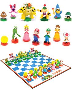 the mario chess game is set up on a checker board with other figurines