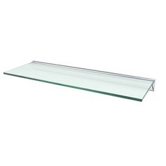 a glass shelf that is on top of a white wall and has a metal bar at the bottom