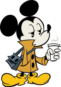 a cartoon character holding a coffee cup