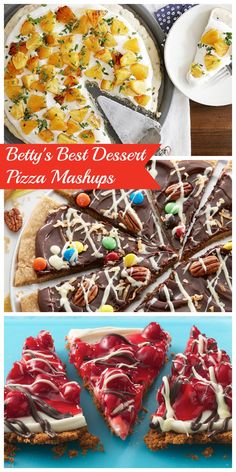 four different desserts are shown with the words, ready's best dessert pizza mash