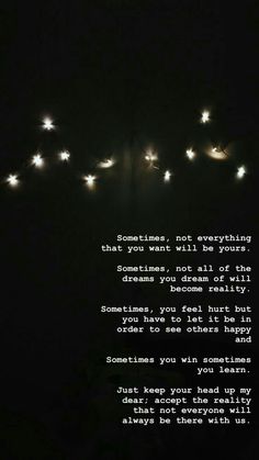 a poem written in the dark with string lights strung from it's sides and an image of birds flying overhead