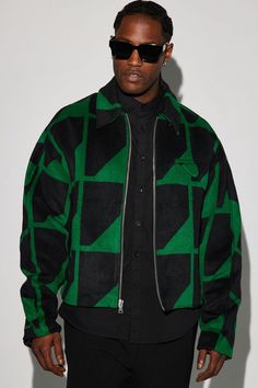 Available In Green. Fold Down Collar Front Zipper Closure Side Hand Pockets Shell: 100% Polyester Lining: 100% Polyester Imported | Mens Arnold Felt Jacquard Cropped Jacket in Green size Medium by Fashion Nova Cropped Jacket, Green Jacket, Crop Jacket, Green Fashion, Casual Jacket, Stylish Men, Front Zipper, Fashion Nova, Mens Jackets