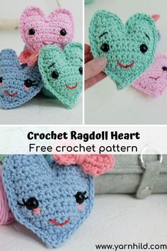 crochet ragdoll heart free pattern with instructions to make it in three different colors