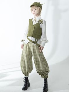 Secret Morning Post Green Tea Color Retro Suite Cool Best Shirt Croppe – Belchic Forest Prince Outfit, Green Plaid Pants, Fashion 1920s, Style Types, Mood Clothes, White Bow Tie, Best Shirt, Morning Post, Green Vest