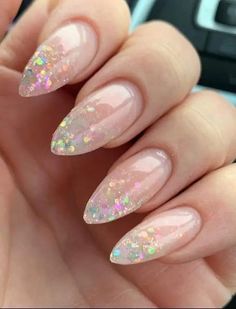 Short Almond Nails Glitter Ombre, Clear Nail Designs Almond, Ombre Tip Nails Almond, Opal Style Nails, Almond Nail Inspo Glitter, Dip Nail Glitter, Ombre Glitter Almond Nails, Clear Almond Nails With Design, Glitter Ombré Almond Nails