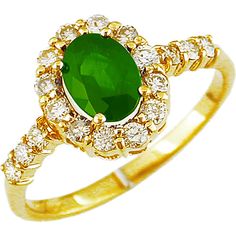 Royal 14K Yellow Gold Ring with Oval-Cut Emerald - 0.85 Carat and Round Diamonds - 0.47 Carat Total Diamond Weight Radiant Ring, Diamond Birthstone, Emerald Diamond Ring, Rich Green, Royal Jewelry, Emerald Stone, Yellow Gold Ring, Emerald Diamond, Round Cut Diamond