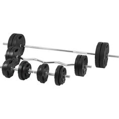 three black dumbbells are hanging on the wall with two bars attached to them