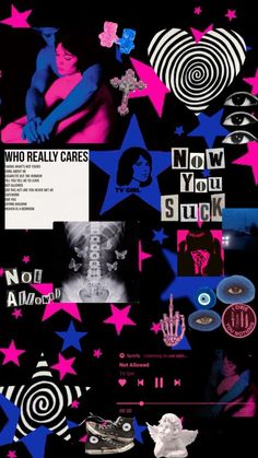 a collage of various pictures and words on a black background with pink, blue and white stars